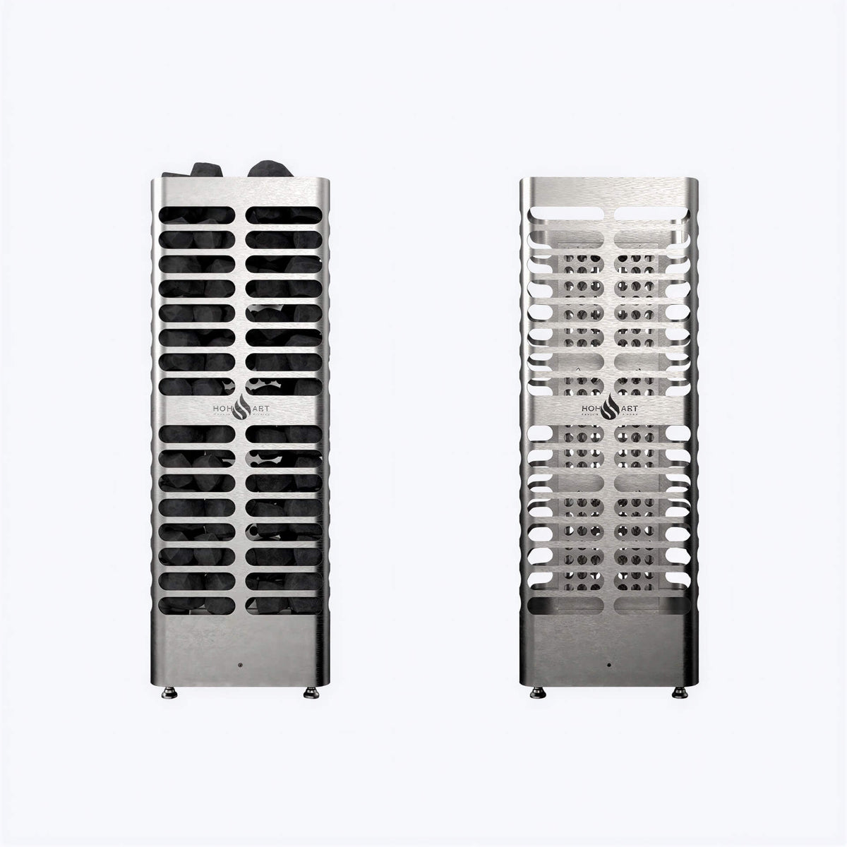 Two tall silver metal Homecraft Revive sauna heaters, one filled with dark stones and one empty, showing slotted vents.