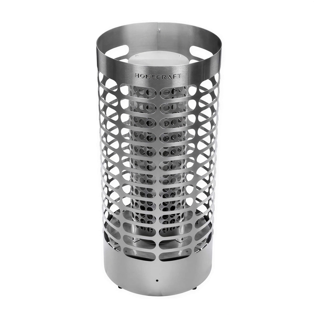 One cylindrical silver metal Homecraft sauna heater with a perforated outer cage and solid base.