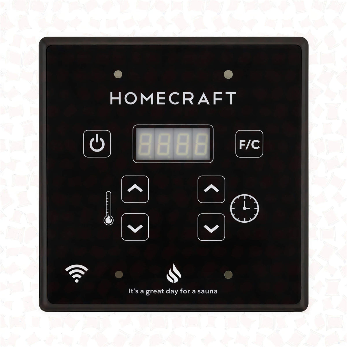 Square black Homecraft digital control panel with a central display, arrow buttons, and power icon.