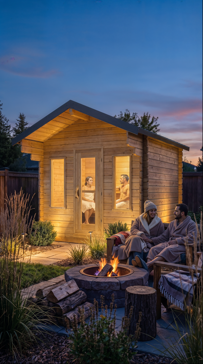 Two people sitting by a fire pit in front of a wooden sauna cabin at dusk.