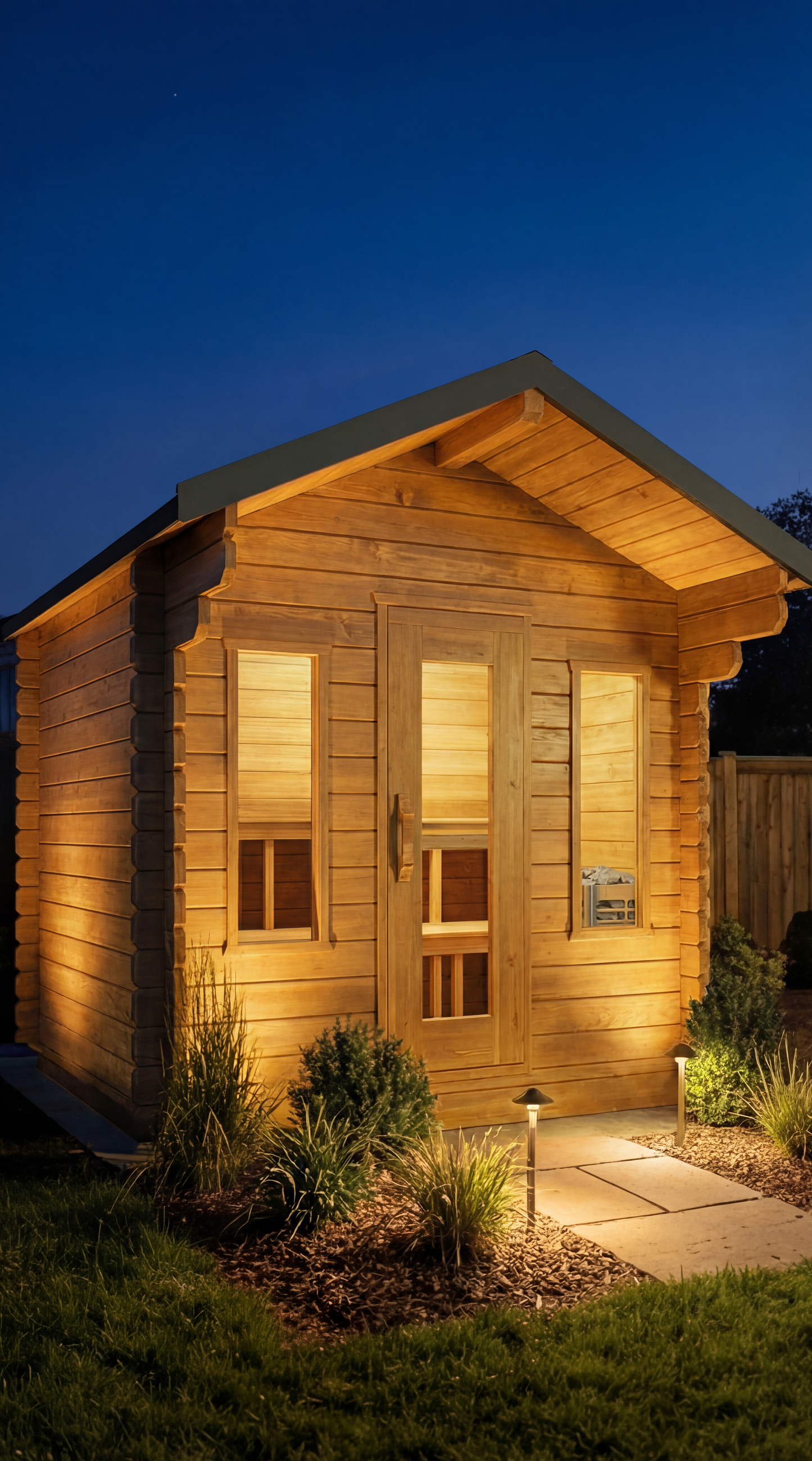 Wooden cabin with warm lighting against a dark blue sky