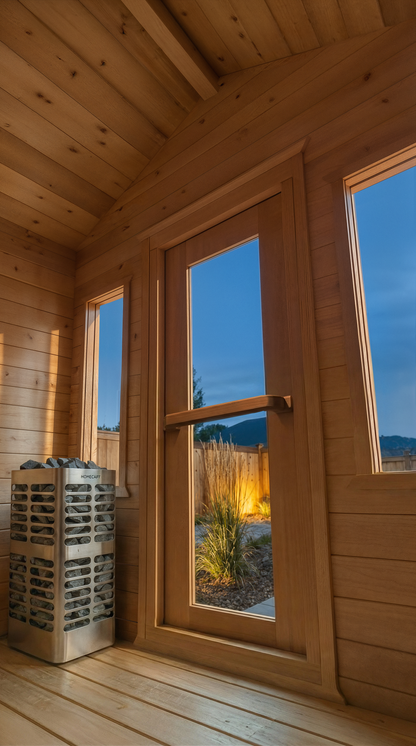 Wooden cabin interior with a large window showing a scenic view of mountains and sky.