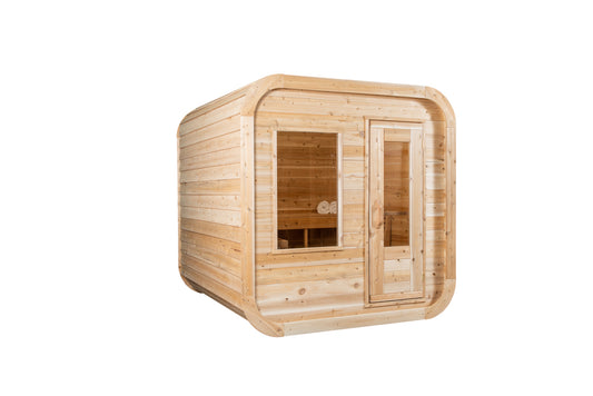Wooden sauna cabin with glass door and big window on a white background