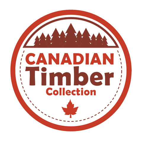Logo for Canadian Timber Collection with trees and a maple leaf on a white background
