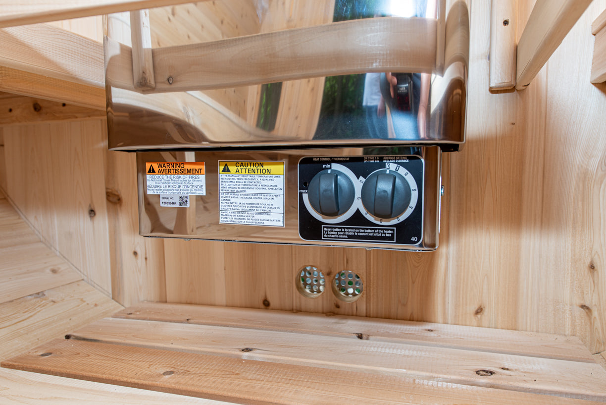Controls of electric sauna heater and vent below