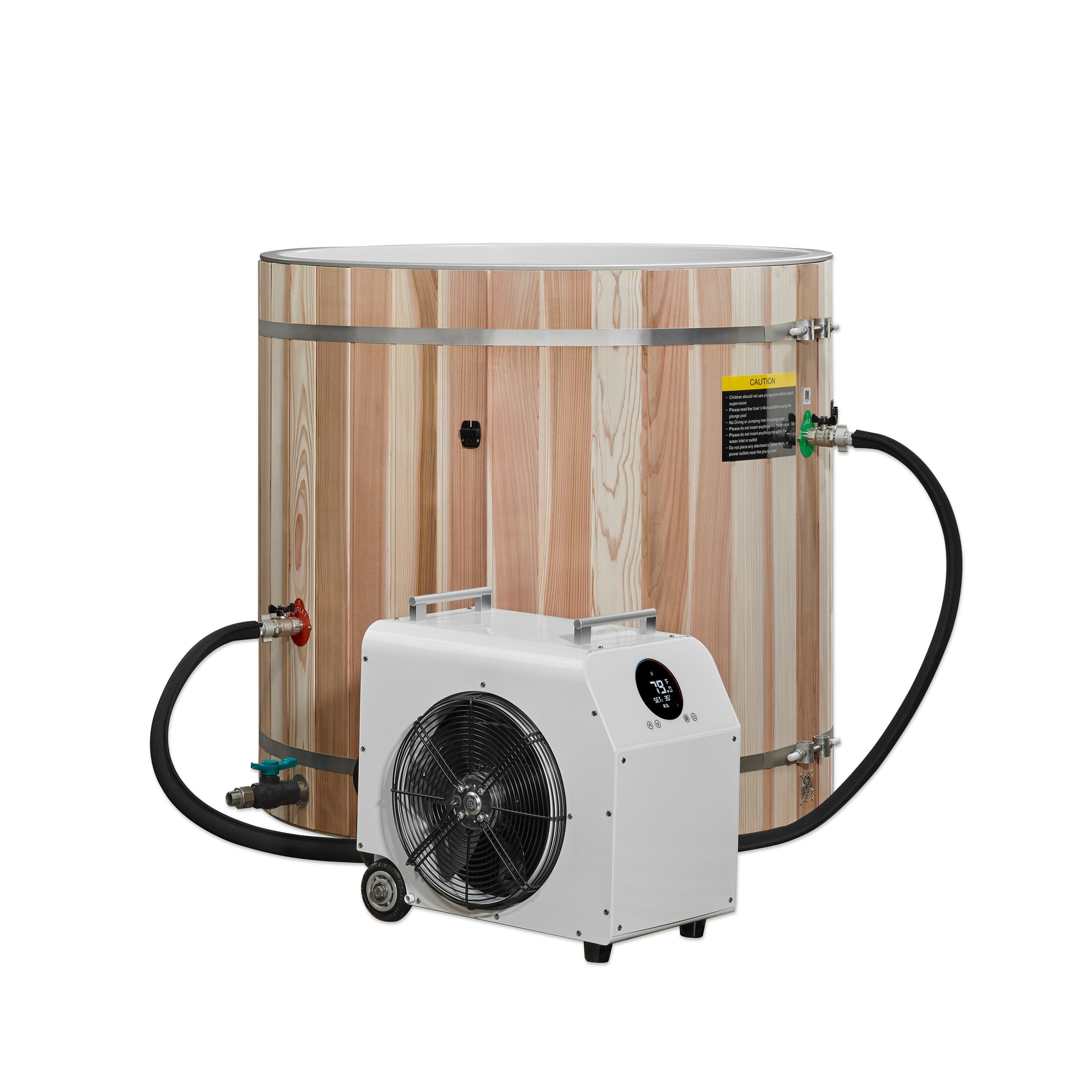 Dynamic Cold Therapy Cold Plunge Barrel - Plastic with Pacific Cedar Exterior (DCT-B-042-PLPC-34) shown with optional chiller unit and hoses