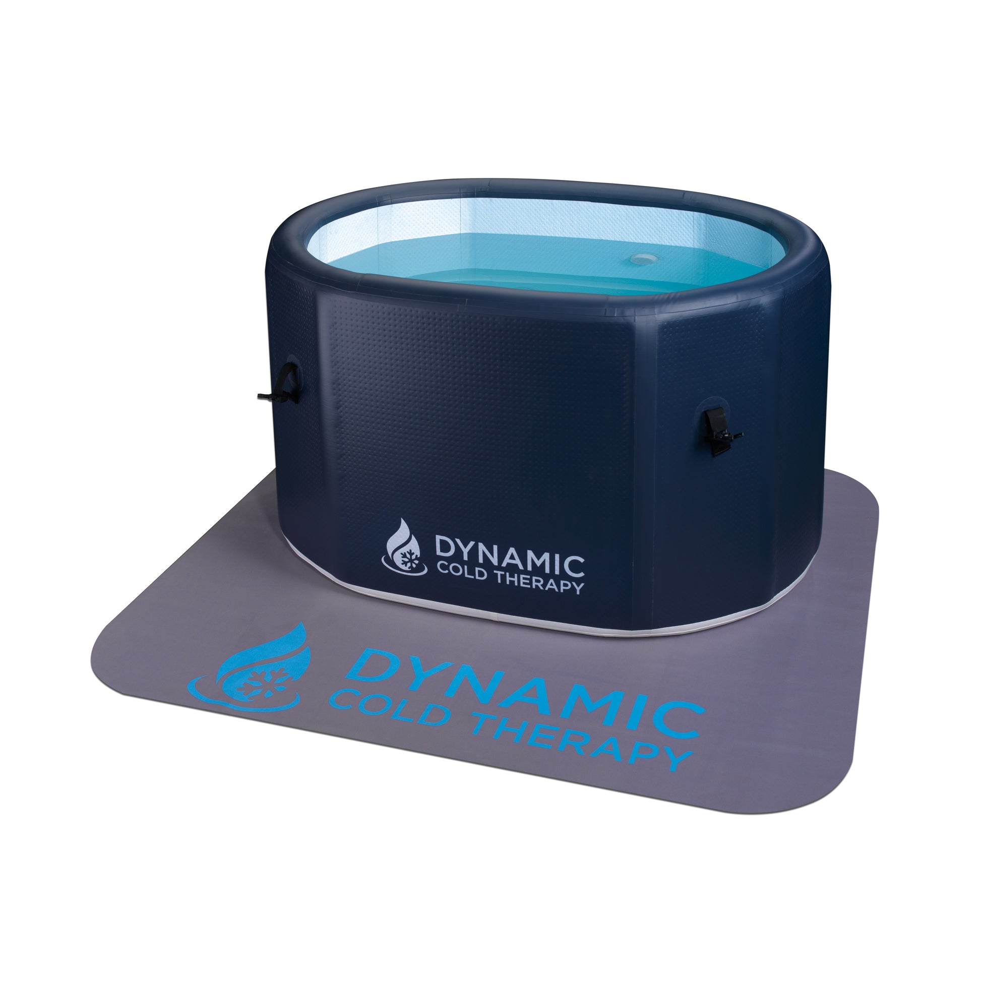Navy blue inflatable Dynamic Cold Therapy DCT-IO-0523 oval cold plunge tub filled with water on white background