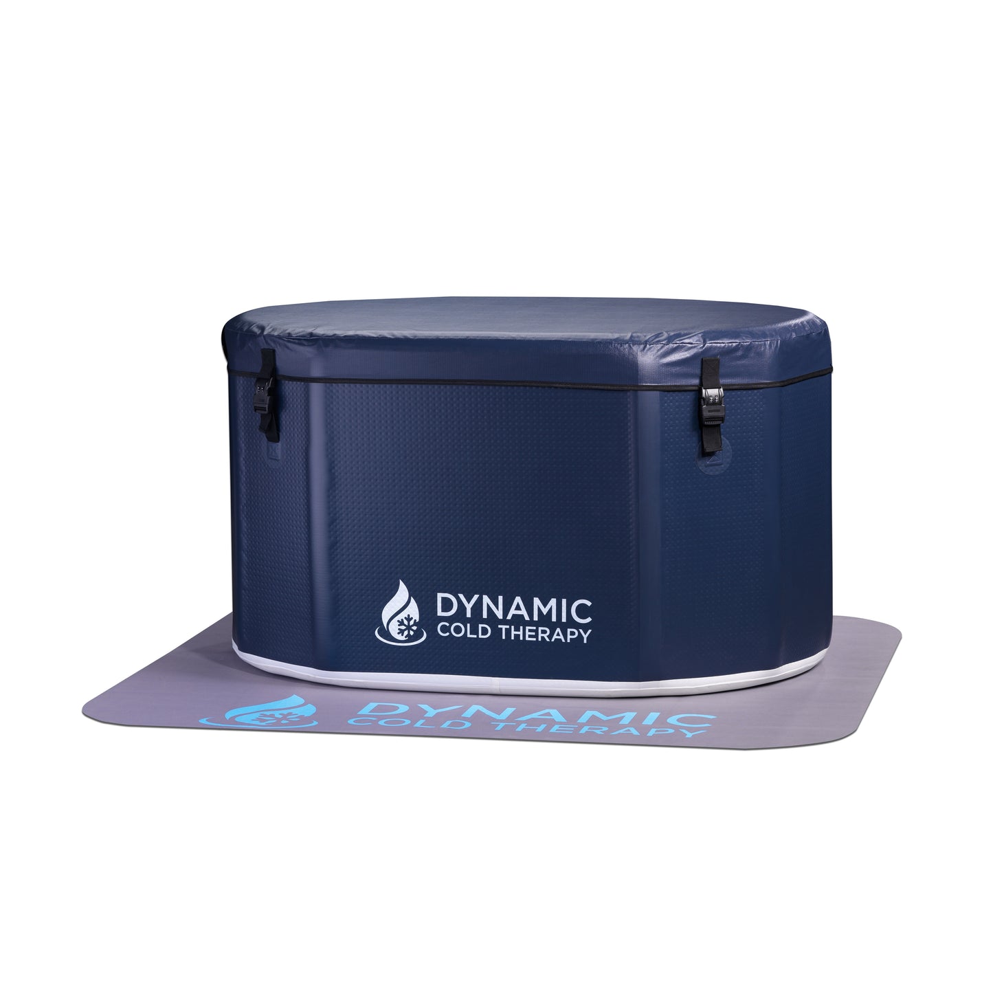 Navy blue inflatable Dynamic Cold Therapy DCT-IO-0523 oval cold plunge tub on white background with lid