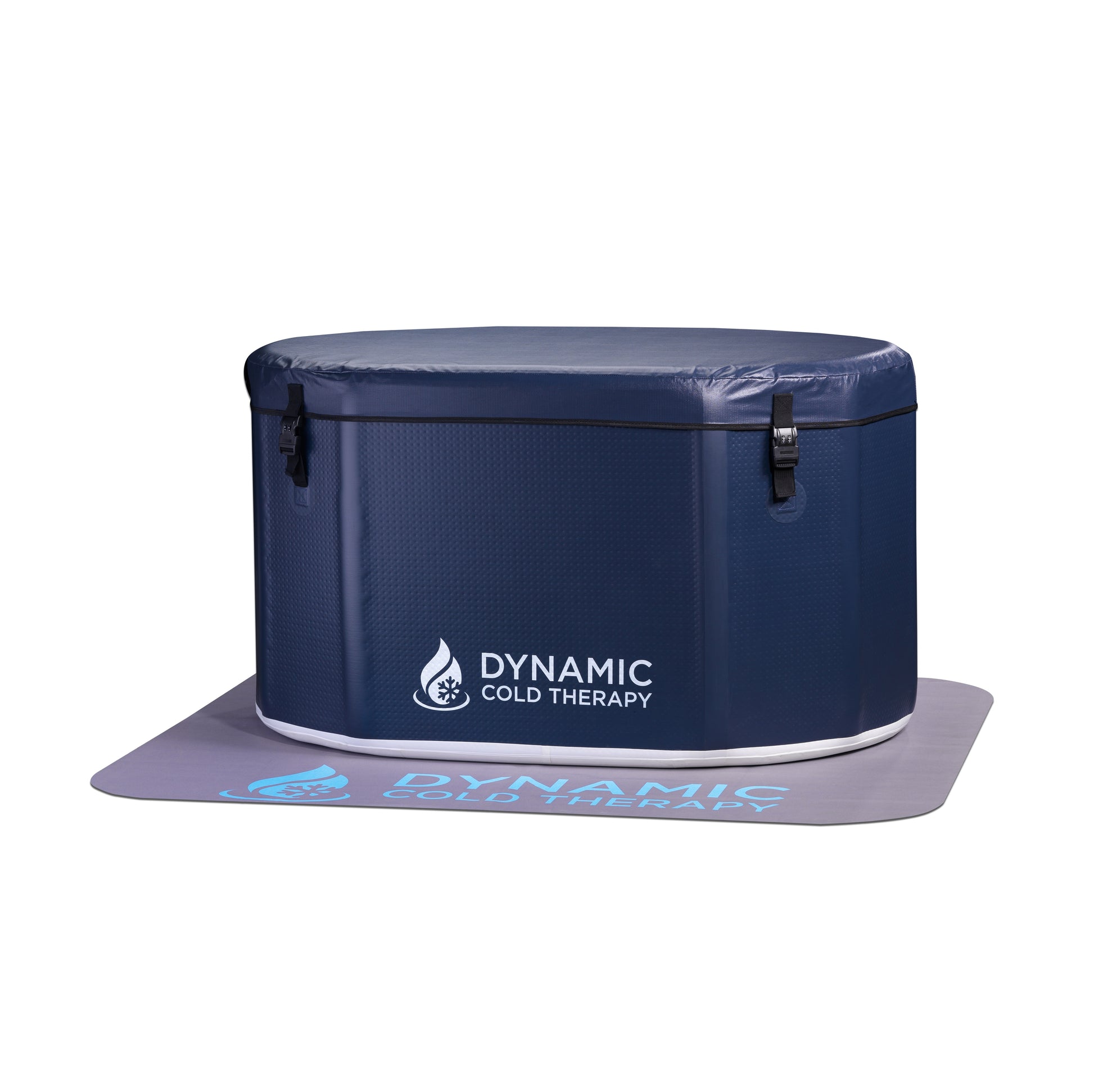 Navy blue inflatable Dynamic Cold Therapy DCT-IO-0523 oval cold plunge tub on white background with lid