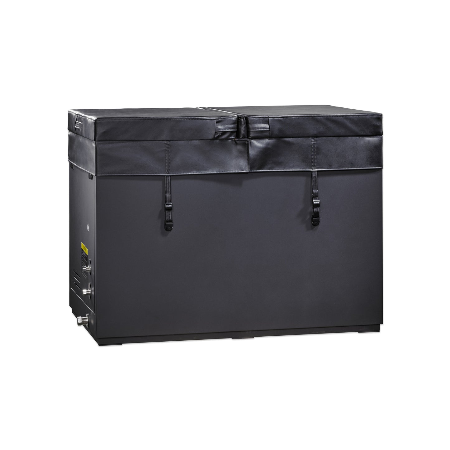 Dynamic Cold Therapy "CUBOID" 304 Nano-Coated Stainless Steel Cold Plunge Tub (DCT-S-050-NS-34) pictured from front with black hardcover placed on top. 