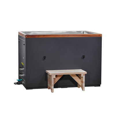Dynamic Cold Therapy "CUBOID" 304 Nano-Coated Stainless Steel Cold Plunge Tub (DCT-S-050-NS-34) with wooden step and fittings