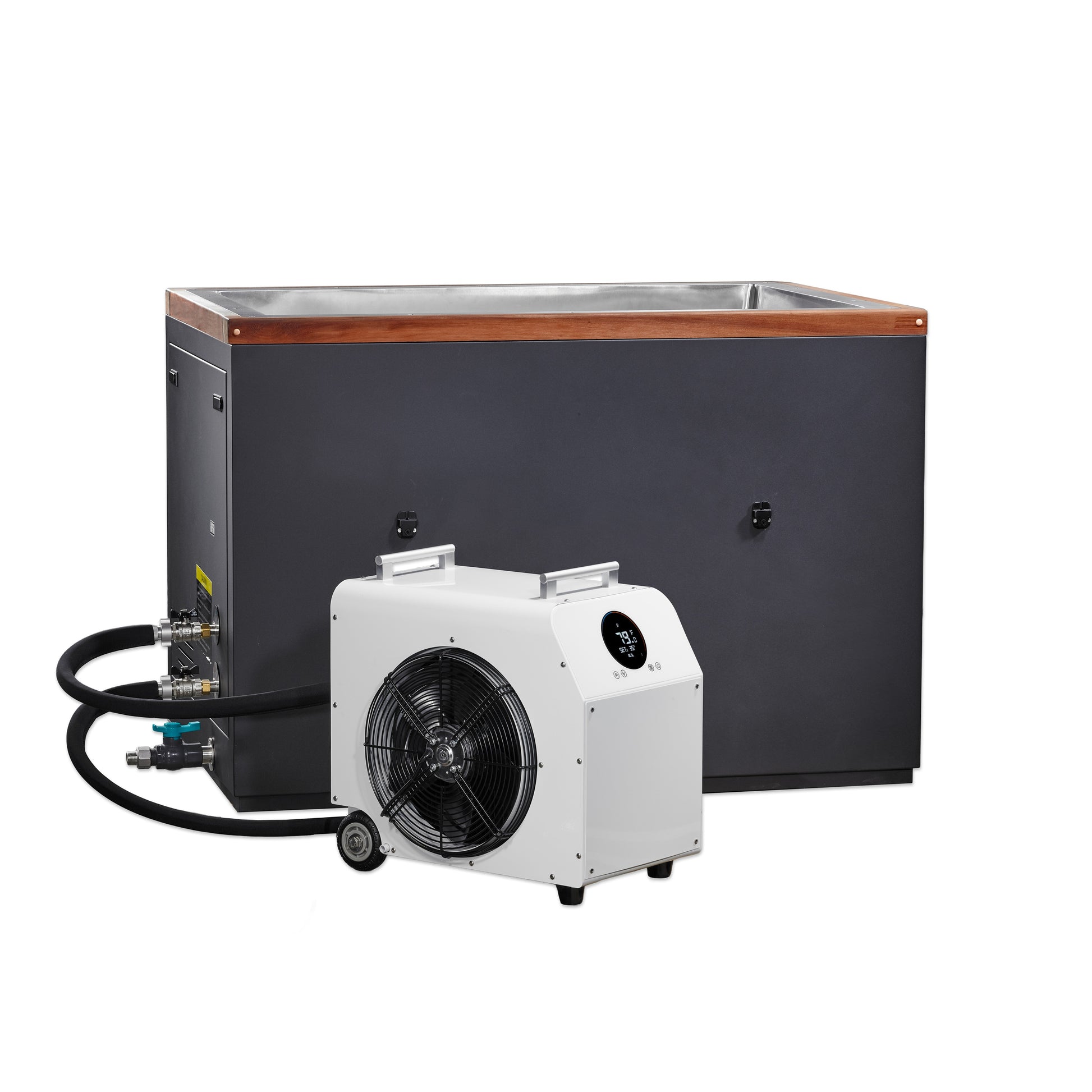 Dynamic Cold Therapy "CUBOID" 304 Nano-Coated Stainless Steel Cold Plunge Tub
(DCT-050-NS-34) rectangular cold plunge tub pictured with optional chiller unit. 
