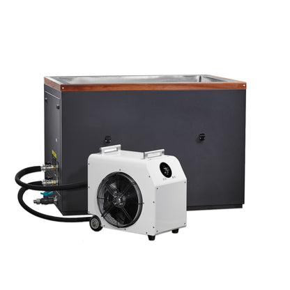 Dynamic Cold Therapy "CUBOID" 304 Nano-Coated Stainless Steel Cold Plunge Tub
(DCT-050-NS-34) rectangular cold plunge tub pictured with optional chiller unit. 