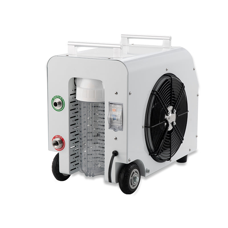 Dynamic Cold Therapy DCT-SV-10DO3
Chiller Unit pictured from the back right, showing water hose connections, filter and side fan