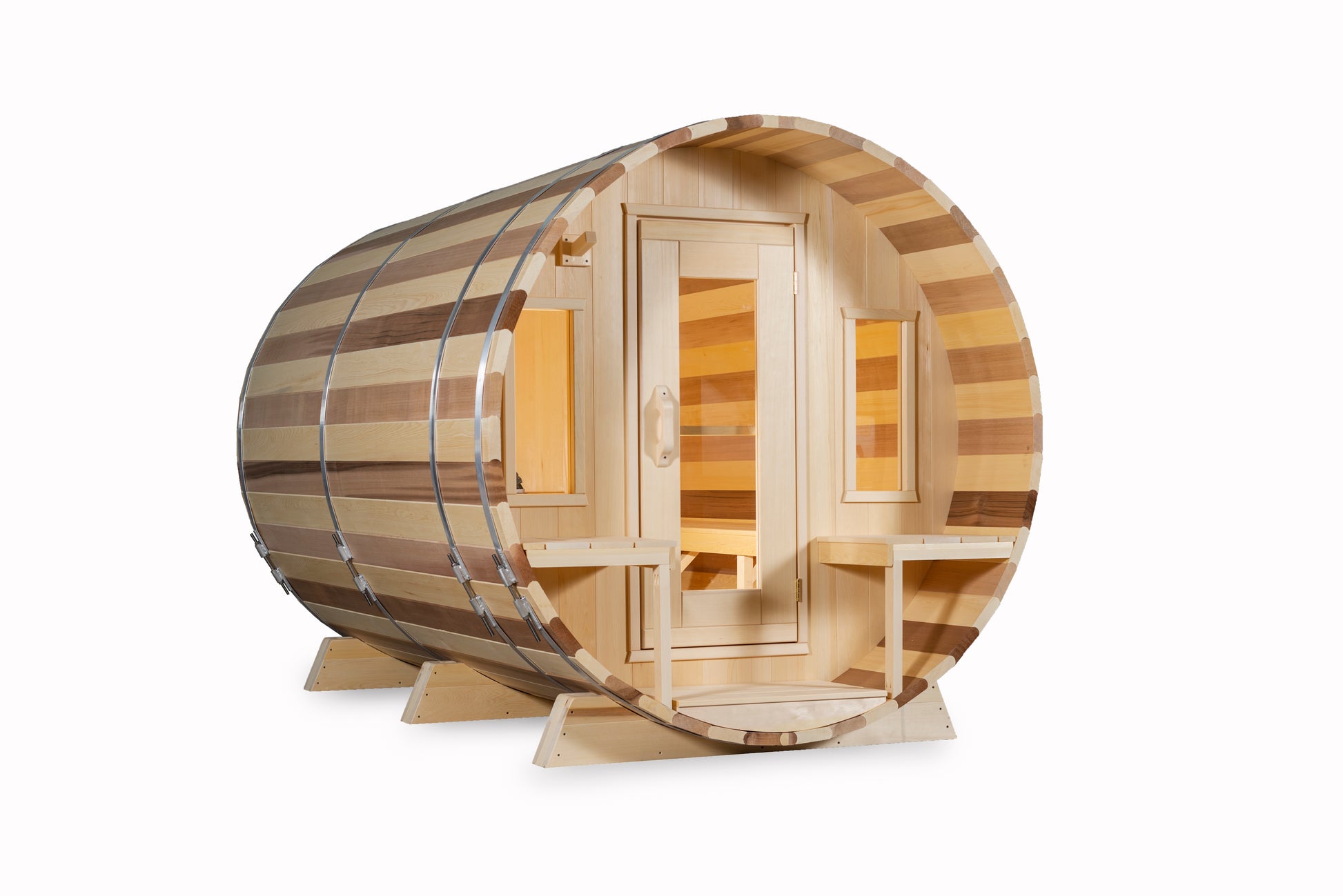 Wooden barrel-shaped sauna on a white background