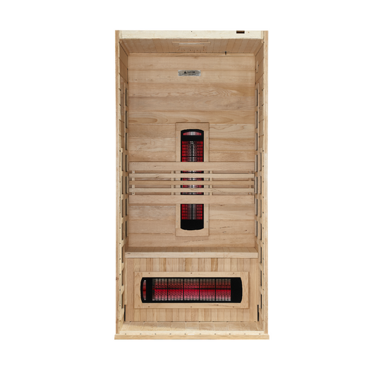 Front view with door removed of Dynamic Martin 1-2-Person Full Spectrum Near Zero EMF (Under 3MG) FAR Infrared Sauna (Canadian Hemlock)
