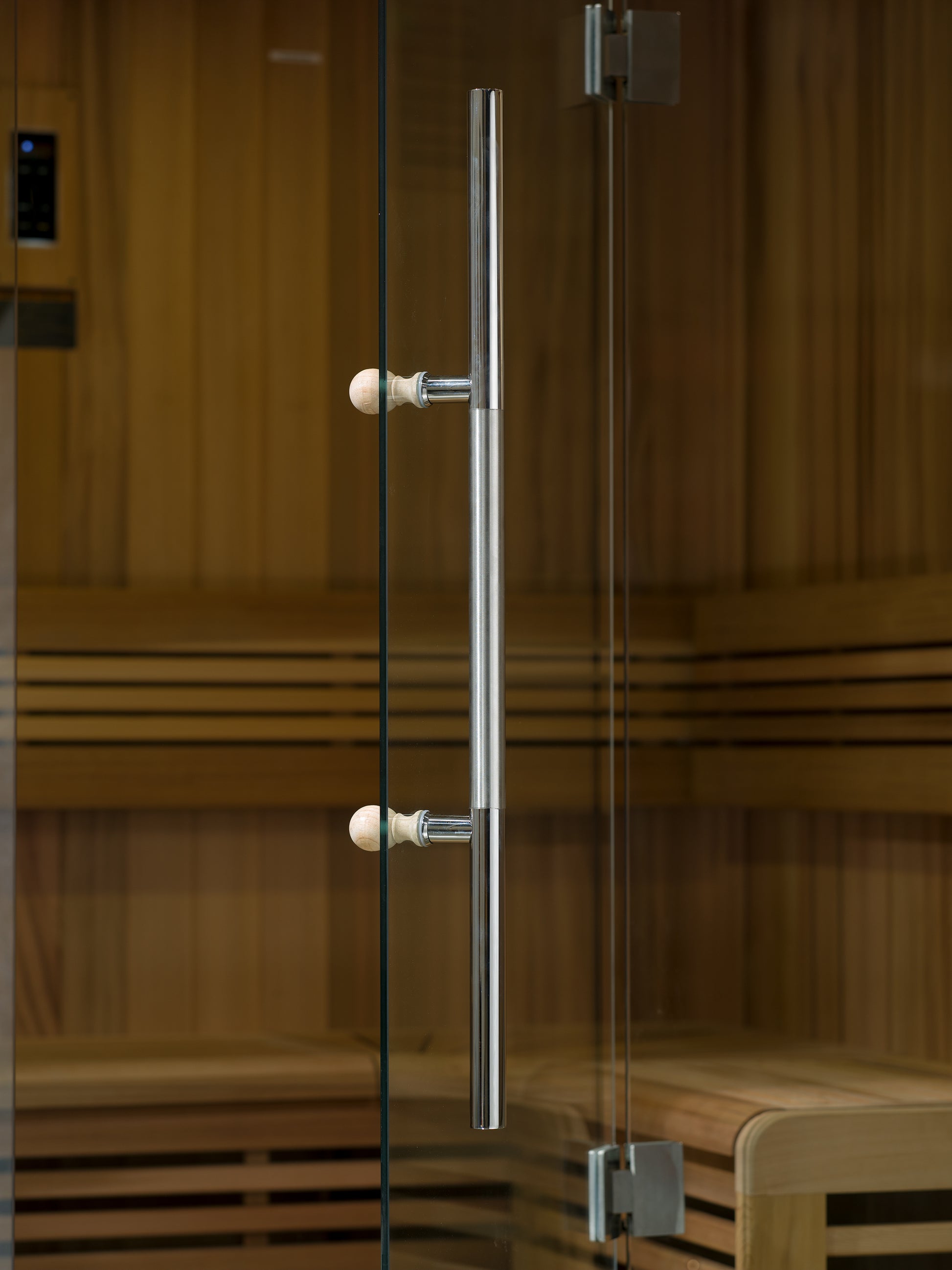 Close up of handle on glass door