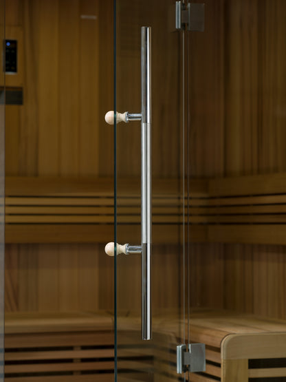 Close up of handle on glass door
