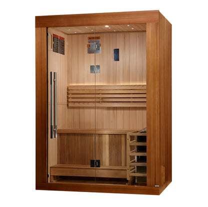 Golden Designs 2025 Updated "Sundsvall Edition" 2 Person Traditional Sauna - Canadian Red Cedar Interior and Pacific Premium Clear Cedar Exterior
