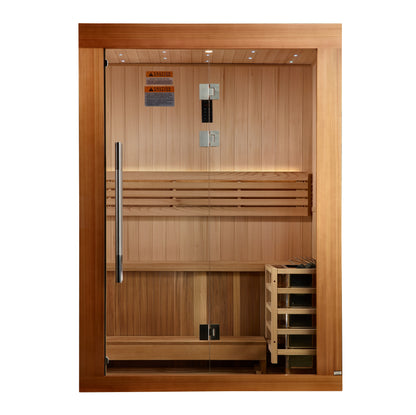 Golden Designs 2025 Updated "Sundsvall Edition" 2 Person Traditional Sauna - Canadian Red Cedar Interior and Pacific Premium Clear Cedar Exterior
