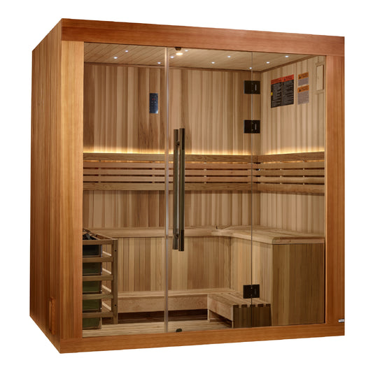 Golden Designs 2025 Updated "Copenhagen Edition" 3 Person Traditional Sauna - Canadian Red Cedar Interior and Pacific Premium Clear Cedar Exterior
