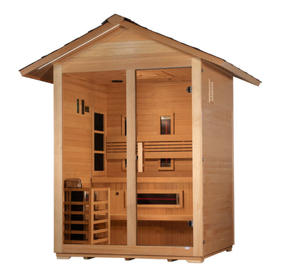 Golden Designs "Carinthia" 3 Person Hybrid (PureTech™ Full Spectrum IR or Traditional Stove) Outdoor Sauna -  Canadian Hemlock (GDI-8123-01)

