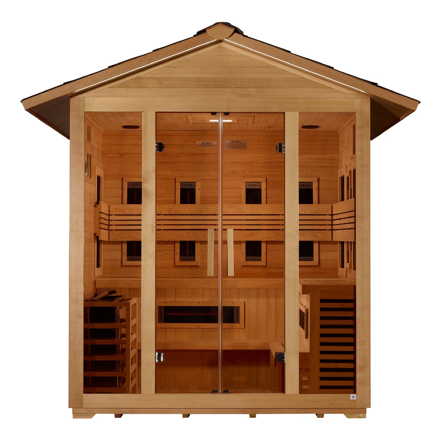 Golden Designs "Gargellen" 5 Person Hybrid (PureTech™ Full Spectrum IR or Traditional Stove) Outdoor Sauna -  Canadian Hemlock
