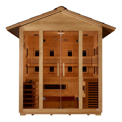Golden Designs "Gargellen" 5 Person Hybrid (PureTech™ Full Spectrum IR or Traditional Stove) Outdoor Sauna -  Canadian Hemlock
