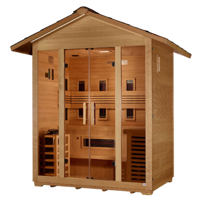 Golden Designs "Gargellen" 5 Person Hybrid (PureTech™ Full Spectrum IR or Traditional Stove) Outdoor Sauna -  Canadian Hemlock
