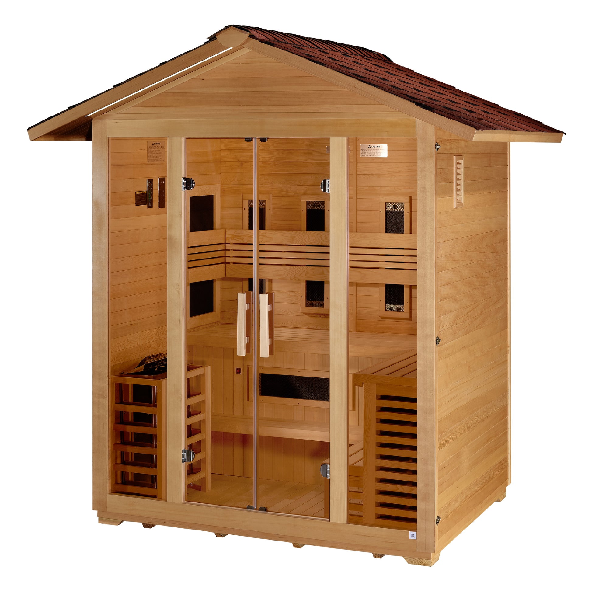 Golden Designs "Gargellen" 5 Person Hybrid (PureTech™ Full Spectrum IR or Traditional Stove) Outdoor Sauna -  Canadian Hemlock
