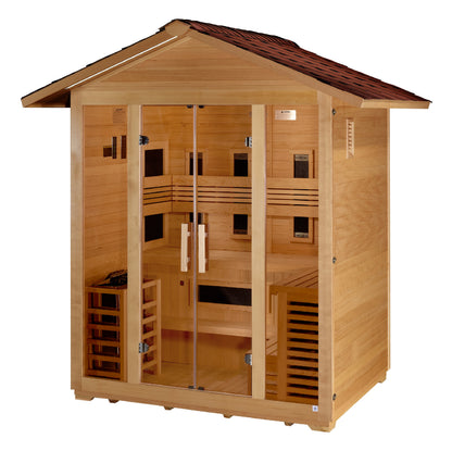 Golden Designs "Gargellen" 5 Person Hybrid (PureTech™ Full Spectrum IR or Traditional Stove) Outdoor Sauna -  Canadian Hemlock
