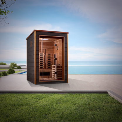Golden Designs Nora 2 Person Hybrid (PureTech™ Full Spectrum IR or Traditional Stove) Outdoor Sauna  (GDI-8222-01) - Canadian Red Cedar Interior