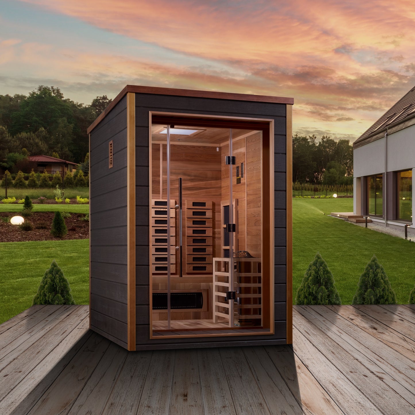 Golden Designs Nora 2 Person Hybrid (PureTech™ Full Spectrum IR or Traditional Stove) Outdoor Sauna  (GDI-8222-01) - Canadian Red Cedar Interior