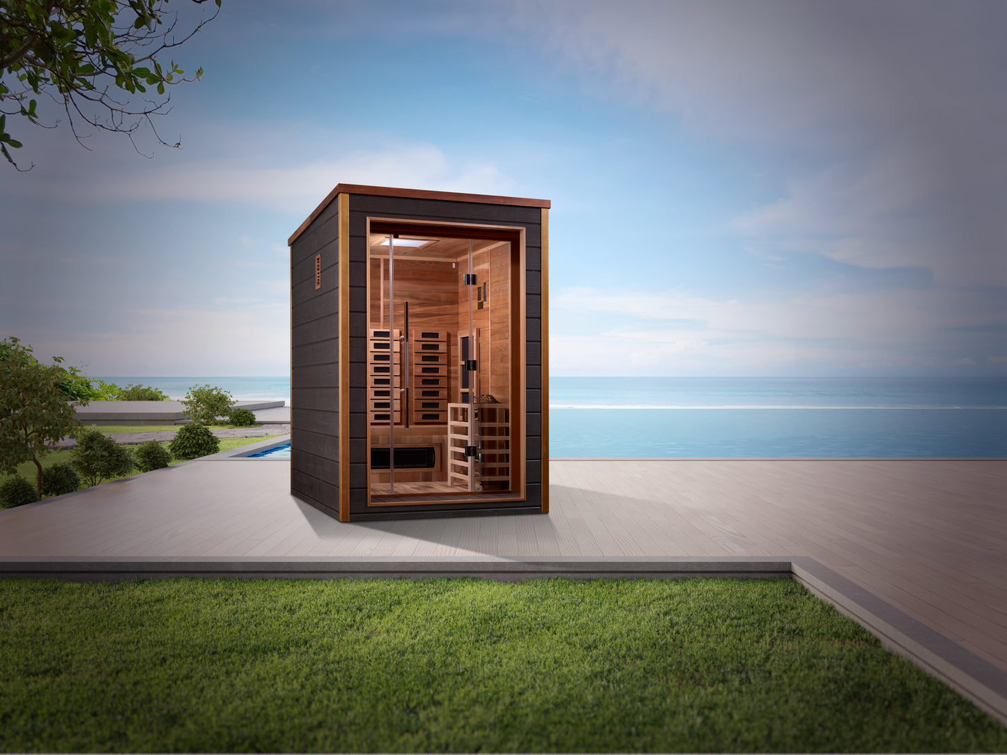 Golden Designs Nora 2 Person Hybrid (PureTech™ Full Spectrum IR or Traditional Stove) Outdoor Sauna  (GDI-8222-01) - Canadian Red Cedar Interior