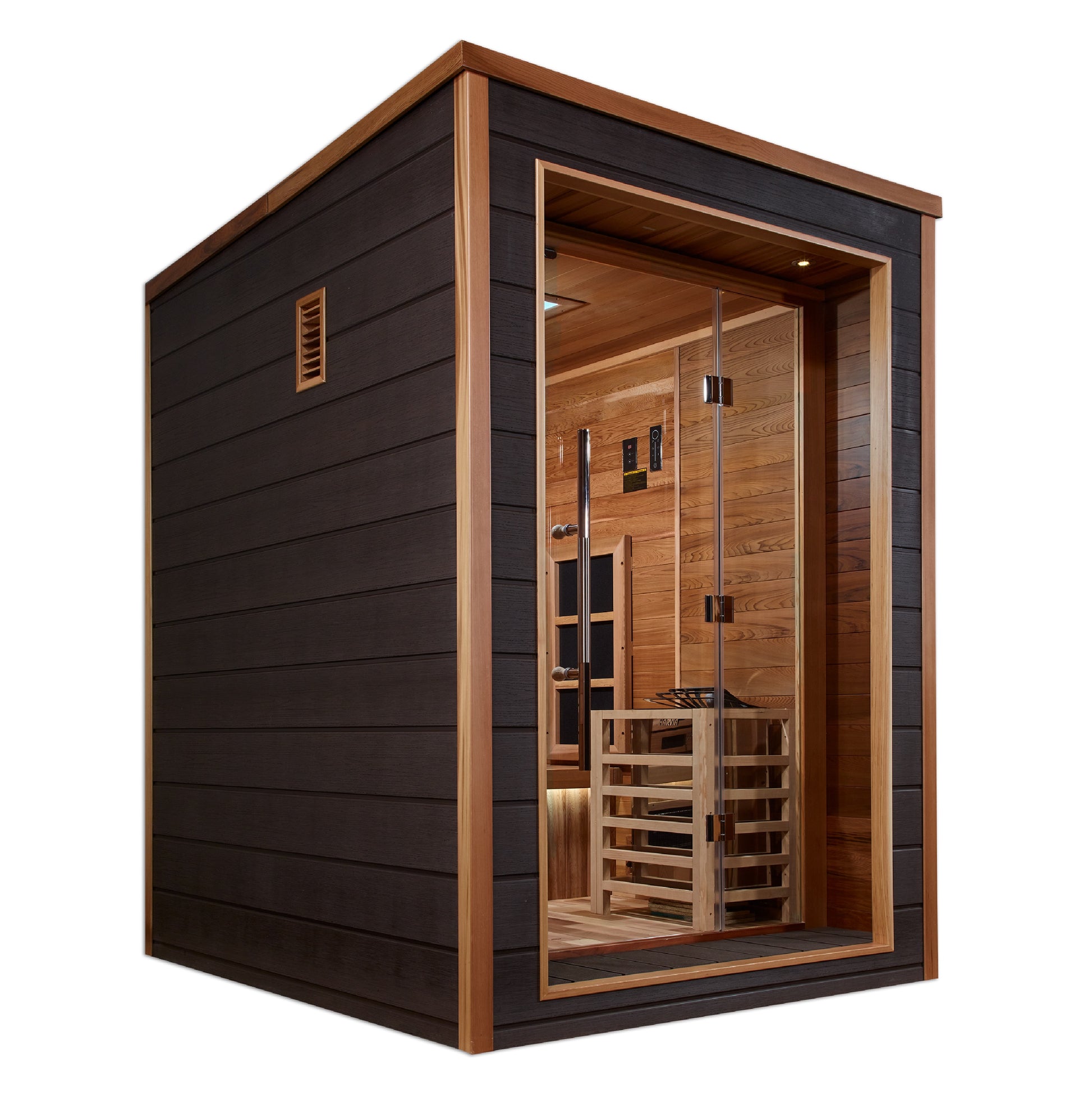 Golden Designs Nora 2 Person Hybrid (PureTech™ Full Spectrum IR or Traditional Stove) Outdoor Sauna  (GDI-8222-01) - Canadian Red Cedar Interior
