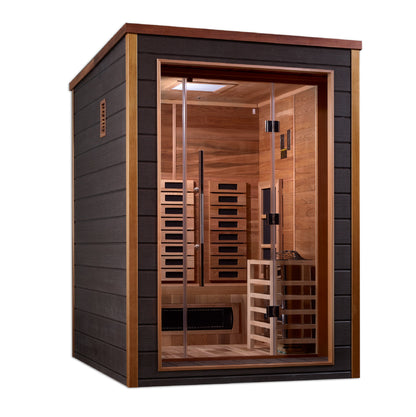 Golden Designs Nora 2 Person Hybrid (PureTech™ Full Spectrum IR or Traditional Stove) Outdoor Sauna  (GDI-8222-01) - Canadian Red Cedar Interior
