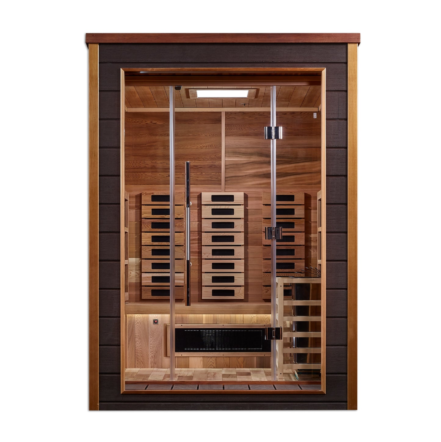 Golden Designs Nora 2 Person Hybrid (PureTech™ Full Spectrum IR or Traditional Stove) Outdoor Sauna  (GDI-8222-01) - Canadian Red Cedar Interior
