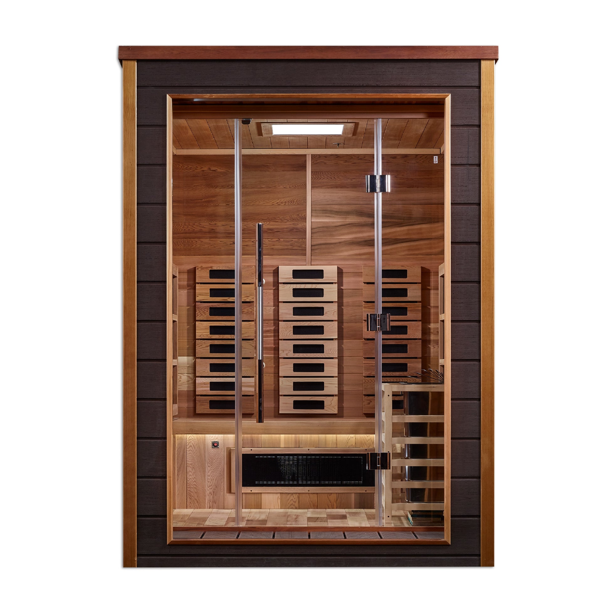 Golden Designs Nora 2 Person Hybrid (PureTech™ Full Spectrum IR or Traditional Stove) Outdoor Sauna  (GDI-8222-01) - Canadian Red Cedar Interior
