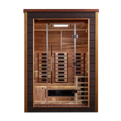 Golden Designs Nora 2 Person Hybrid (PureTech™ Full Spectrum IR or Traditional Stove) Outdoor Sauna  (GDI-8222-01) - Canadian Red Cedar Interior
