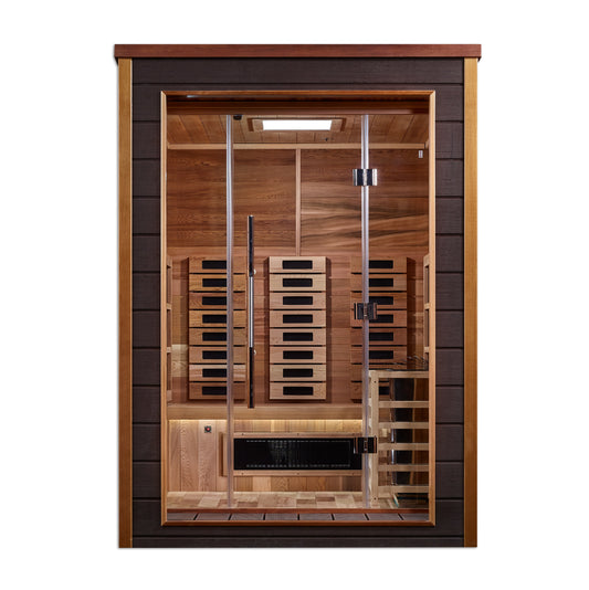 Golden Designs Nora 2 Person Hybrid (PureTech™ Full Spectrum IR or Traditional Stove) Outdoor Sauna  (GDI-8222-01) - Canadian Red Cedar Interior
