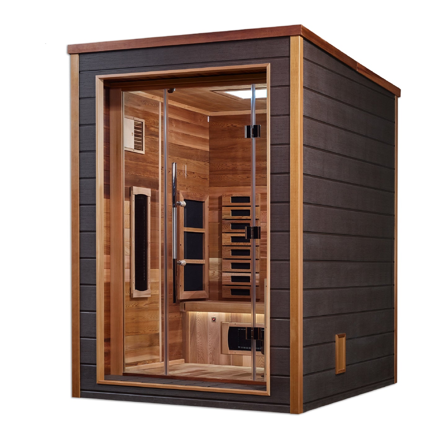 Golden Designs Nora 2 Person Hybrid (PureTech™ Full Spectrum IR or Traditional Stove) Outdoor Sauna  (GDI-8222-01) - Canadian Red Cedar Interior
