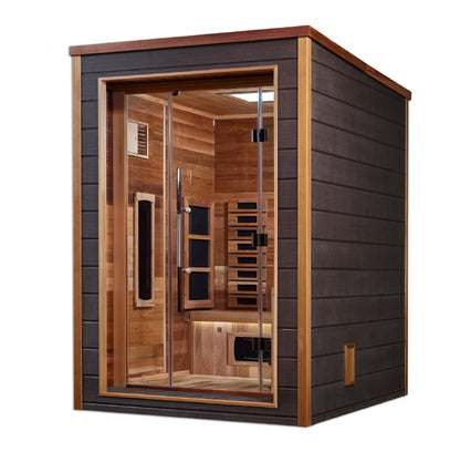 Golden Designs Nora 2 Person Hybrid (PureTech™ Full Spectrum IR or Traditional Stove) Outdoor Sauna  (GDI-8222-01) - Canadian Red Cedar Interior
