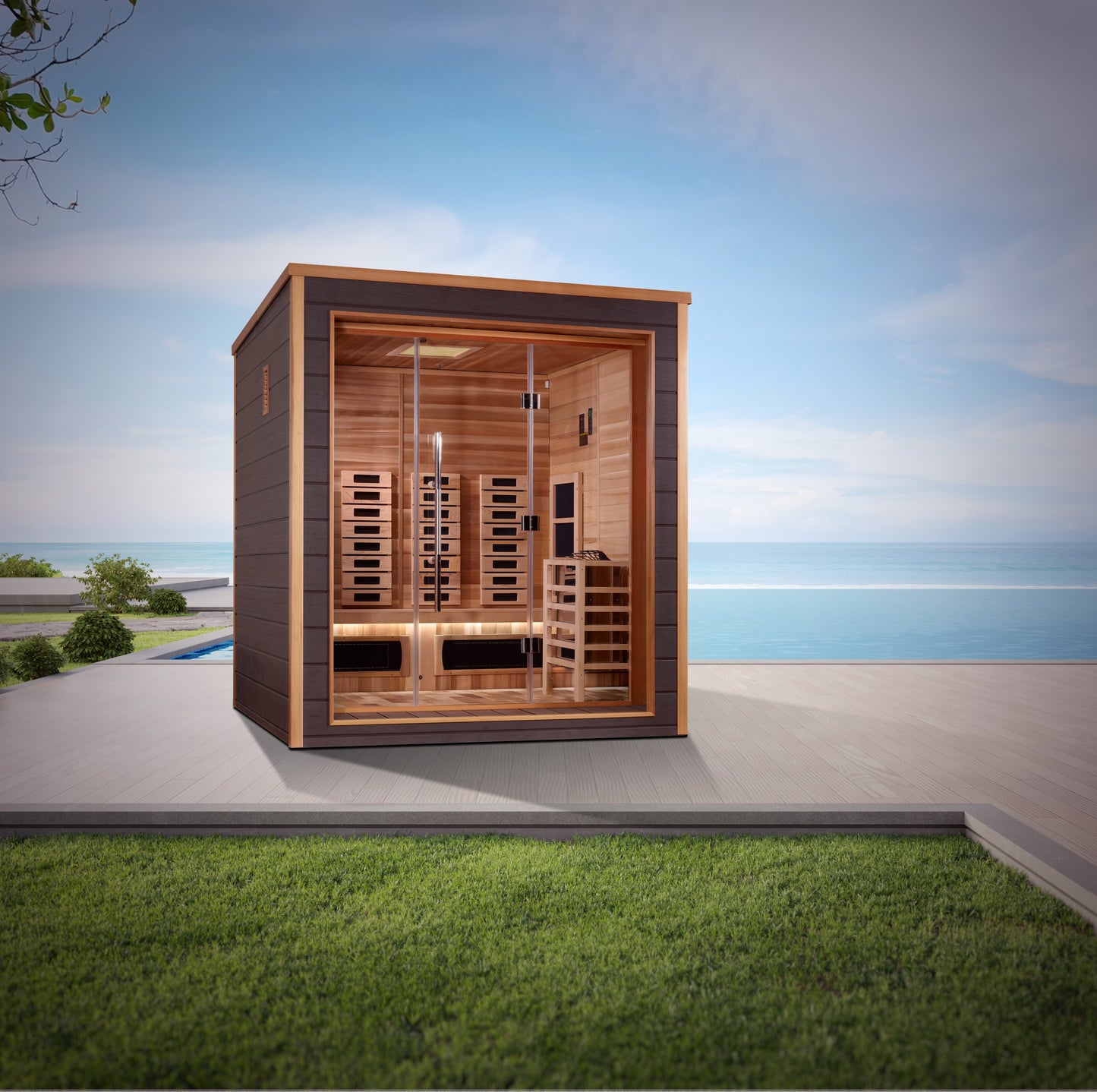 Golden Designs Visby 3 Person Hybrid (PureTech™ Full Spectrum IR or Traditional Stove) Outdoor Sauna (GDI-8223-01) - Canadian Red Cedar Interior