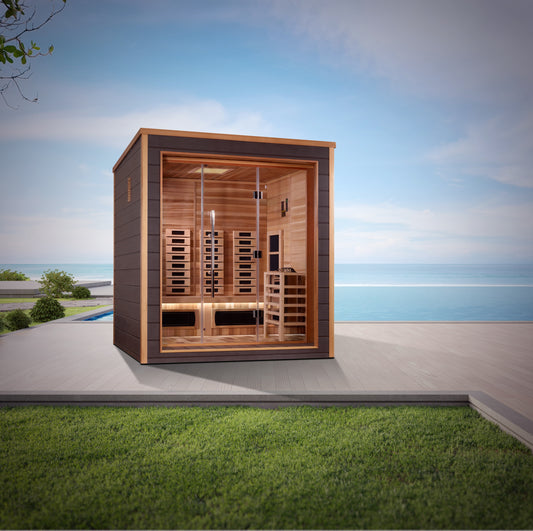 Golden Designs Visby 3 Person Hybrid (PureTech™ Full Spectrum IR or Traditional Stove) Outdoor Sauna (GDI-8223-01) - Canadian Red Cedar Interior