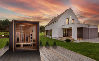Golden Designs Visby 3 Person Hybrid (PureTech™ Full Spectrum IR or Traditional Stove) Outdoor Sauna (GDI-8223-01) - Canadian Red Cedar Interior