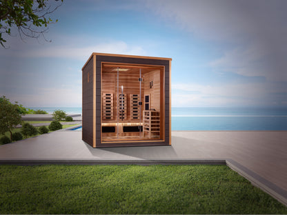 Golden Designs Visby 3 Person Hybrid (PureTech™ Full Spectrum IR or Traditional Stove) Outdoor Sauna (GDI-8223-01) - Canadian Red Cedar Interior