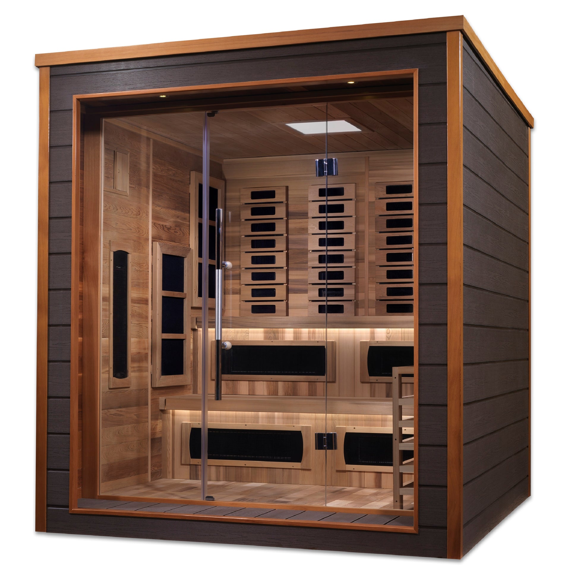 Golden Designs Karlstad 6 Person Hybrid (PureTech™ Full Spectrum IR or Traditional Stove) Outdoor Sauna (GDI-8226-01) - Canadian Red Cedar Interior
