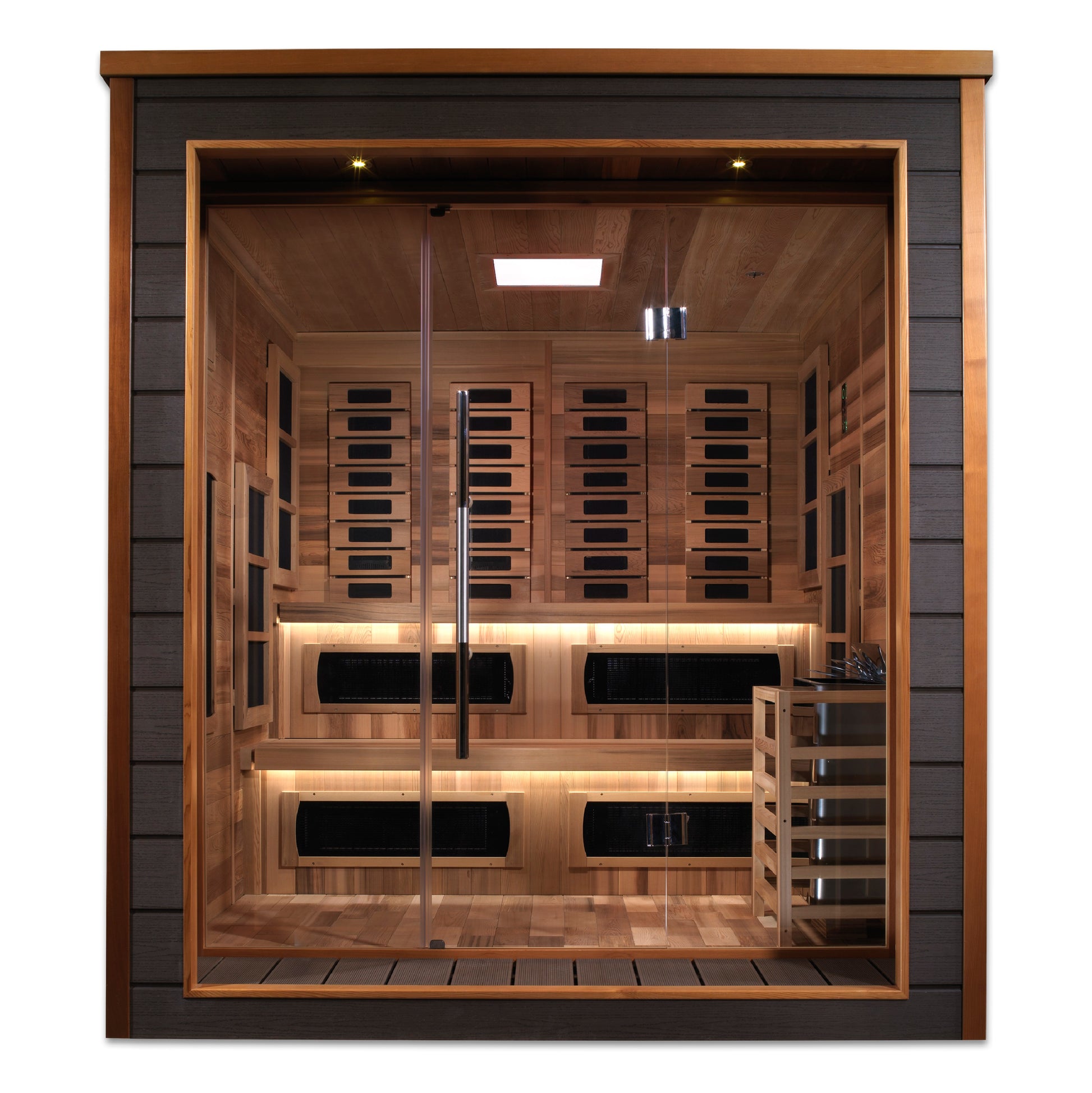 Golden Designs Karlstad 6 Person Hybrid (PureTech™ Full Spectrum IR or Traditional Stove) Outdoor Sauna (GDI-8226-01) - Canadian Red Cedar Interior
