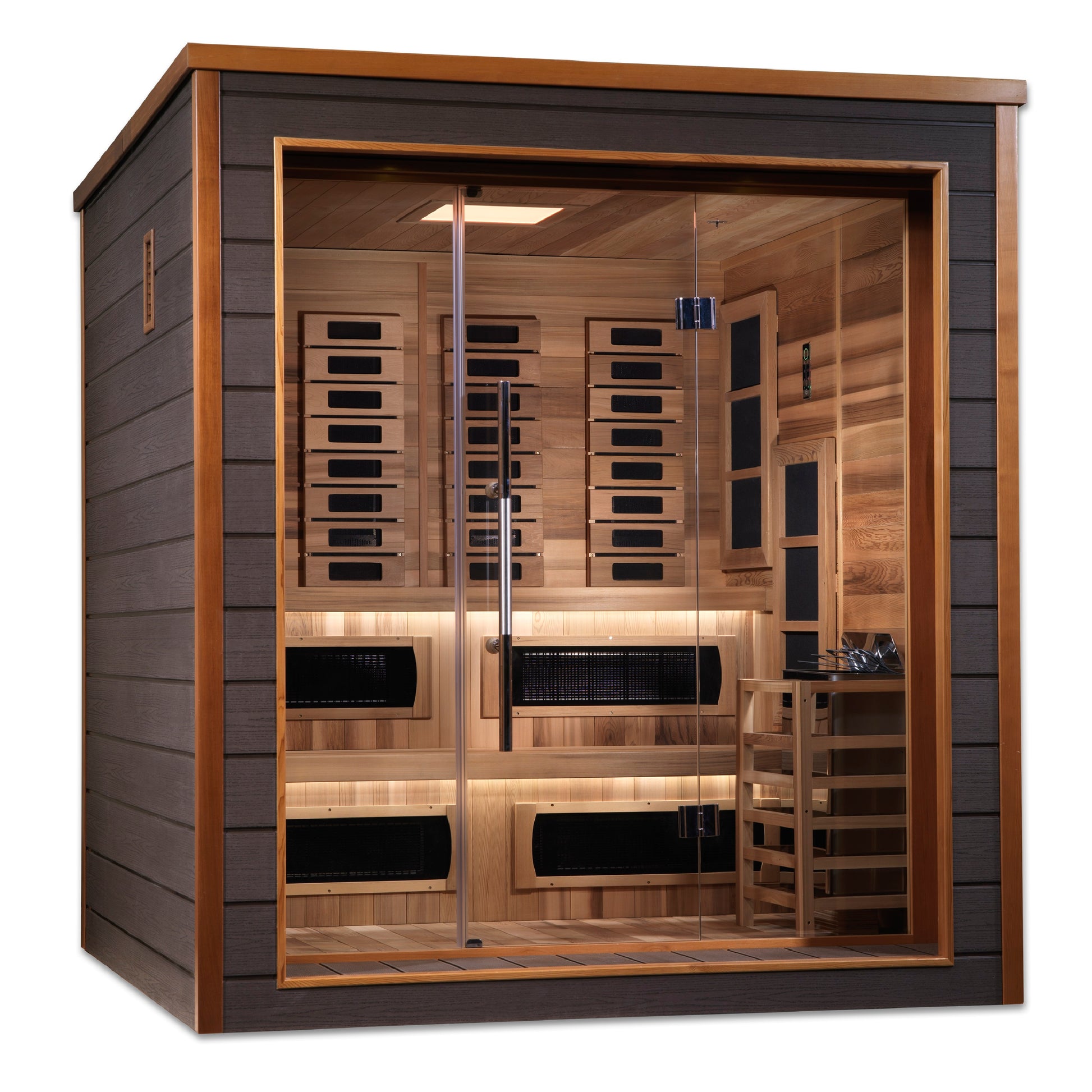 Golden Designs Karlstad 6 Person Hybrid (PureTech™ Full Spectrum IR or Traditional Stove) Outdoor Sauna (GDI-8226-01) - Canadian Red Cedar Interior
