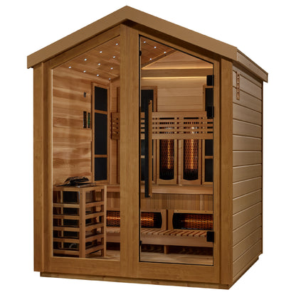 Golden Designs Loviisa 3 Person Hybrid (PureTech™ Full Spectrum IR or Traditional Stove) Outdoor Sauna (GDI-8523-01) - Canadian Red Cedar Interior
